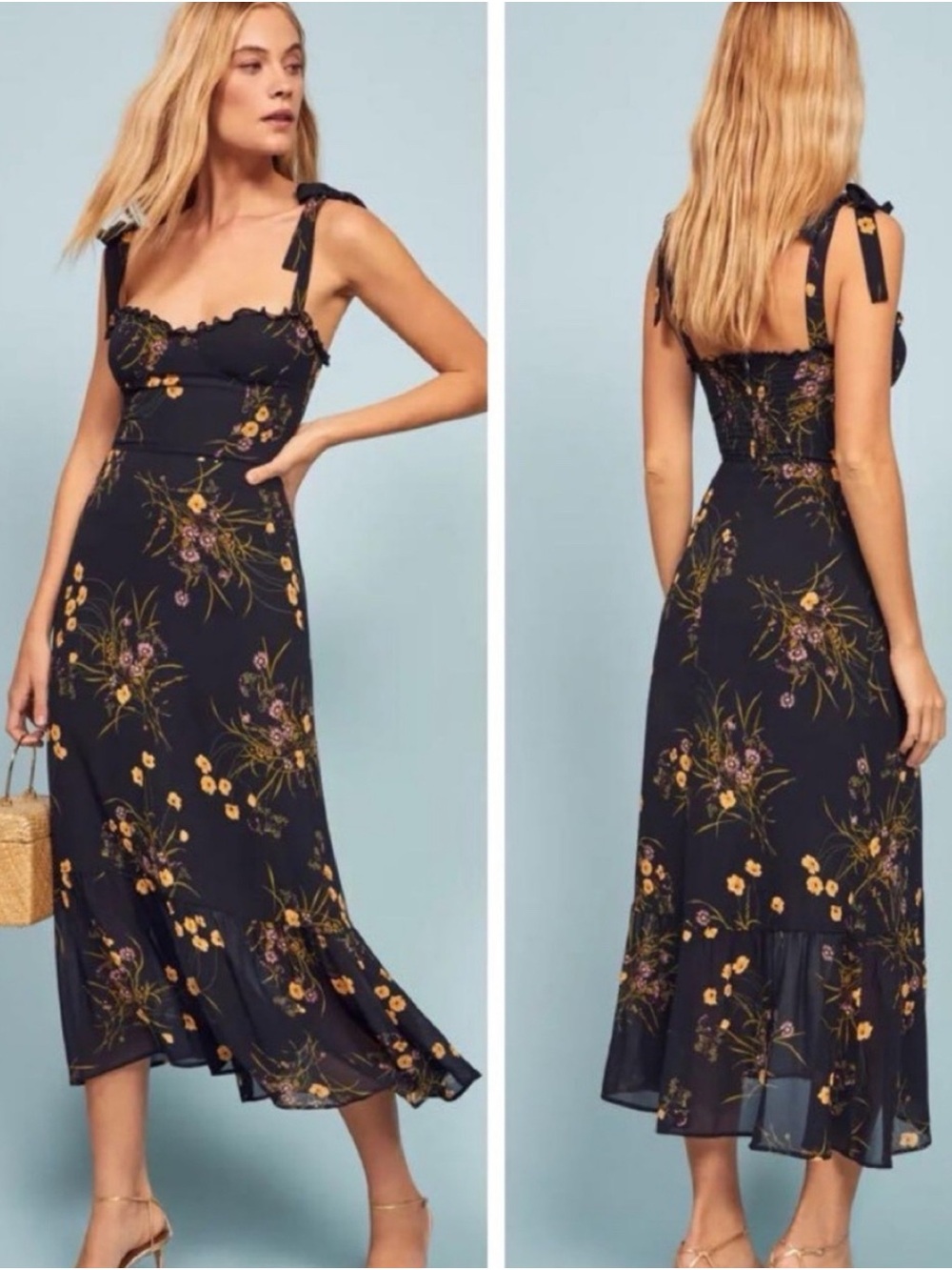 Reformation Navy Floral Tie-Shoulder Midi Dress